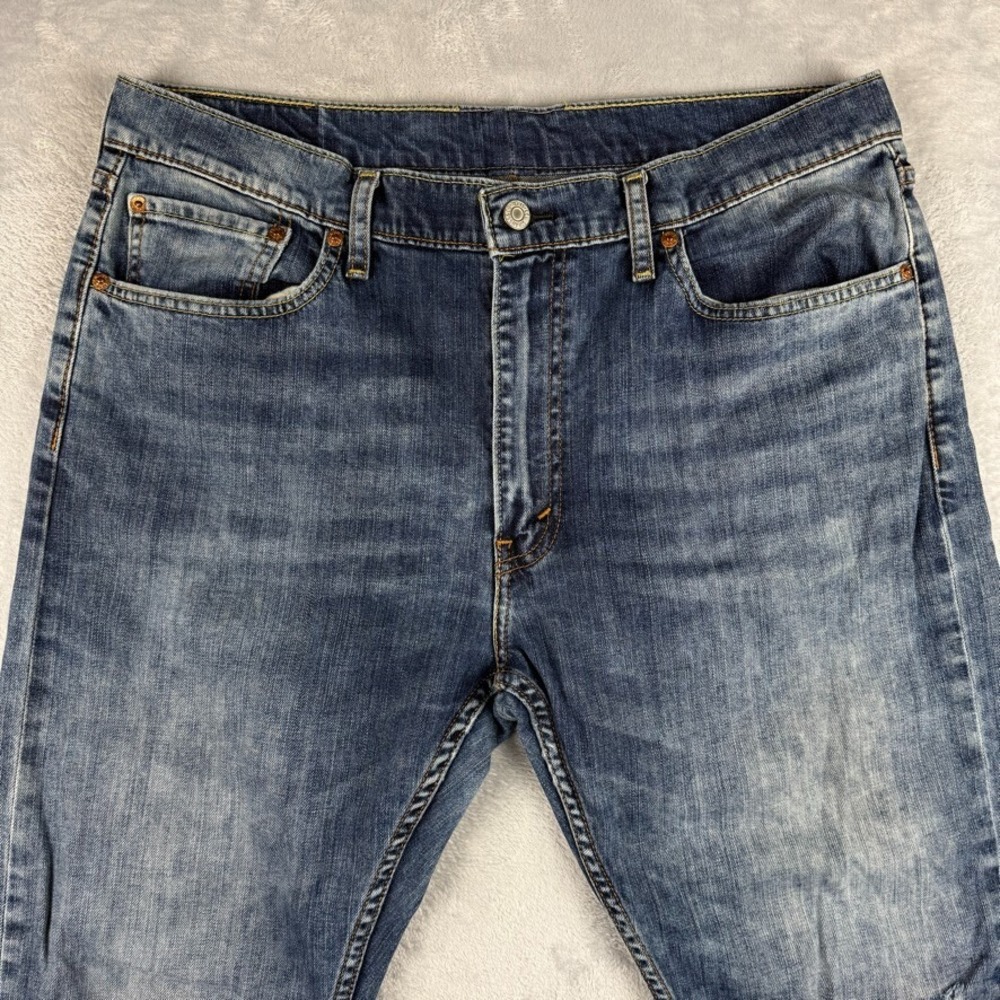 Levis 513 Jeans Mens 36x30 Blue Slim Straight Dark Faded Distressed Denim